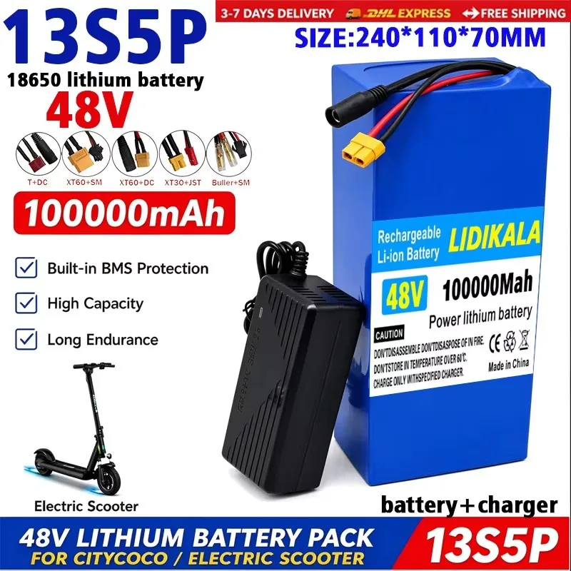 Batería de 48 V y 100 000 mAh, modelo 13S5P, de iones de litio para bicicletas eléctricas. Apta para motores de 500 W a 1000 W, con BMS, cargador incluido y entrega rápida en 3 a 7 días.