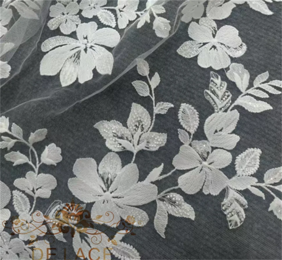 

MY Simple Elegant Floral Embroidered Lace With Beaded High Quality Wedding Dress Embroidery Lace Fabric