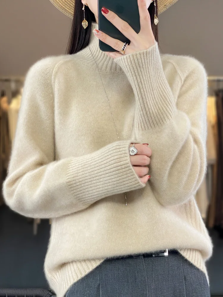 Women Cashmere Sweater 100% Merino Wool Knitted Pullover Autumn Winter Mock Neck Knitwear Female Soft Casual Fashion Warm Top