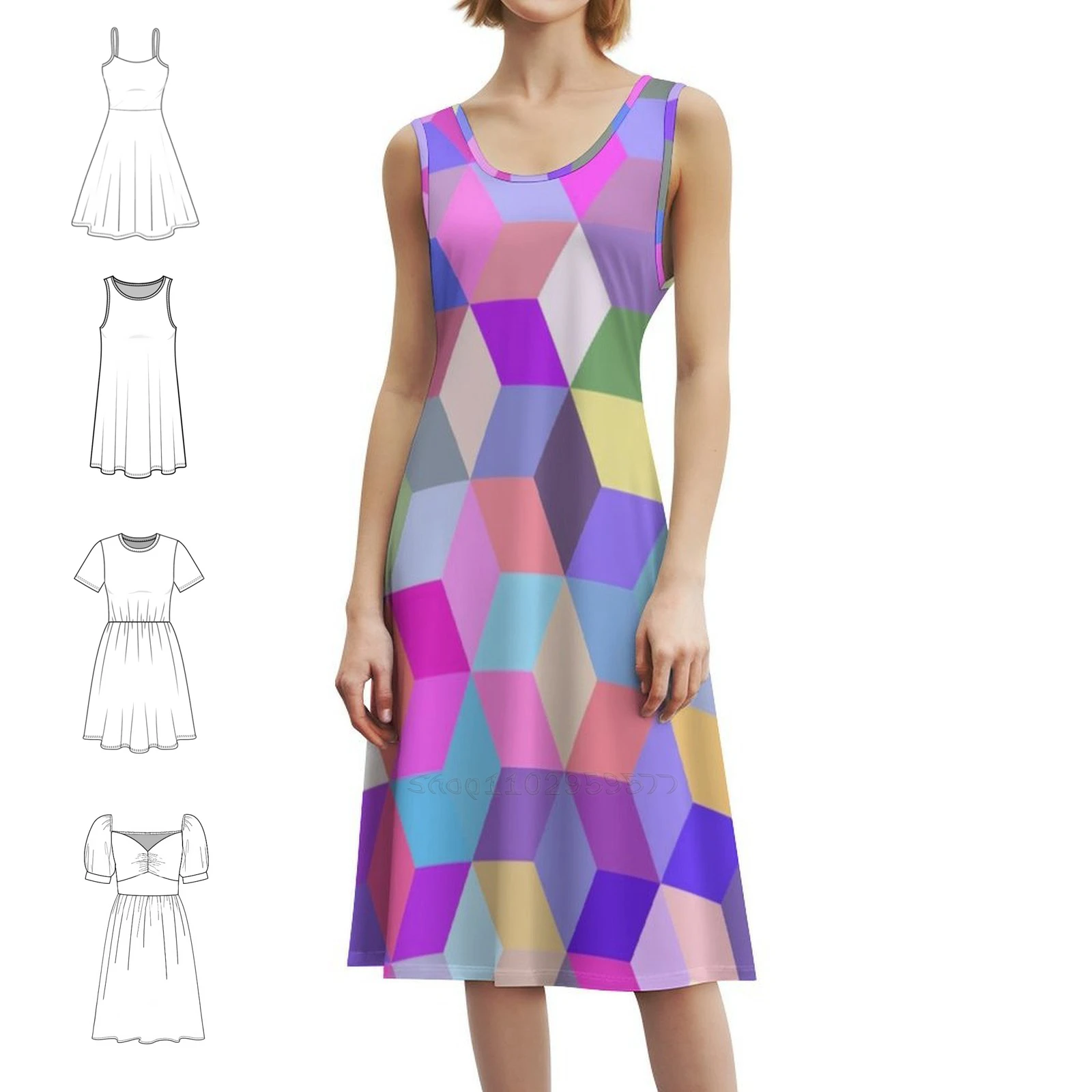 

Cube Mosaic Women's Elegant Party Dress A-Line Dress With Short/Long/Sleeveless Options Geometric Design Geometric Pattern Cube