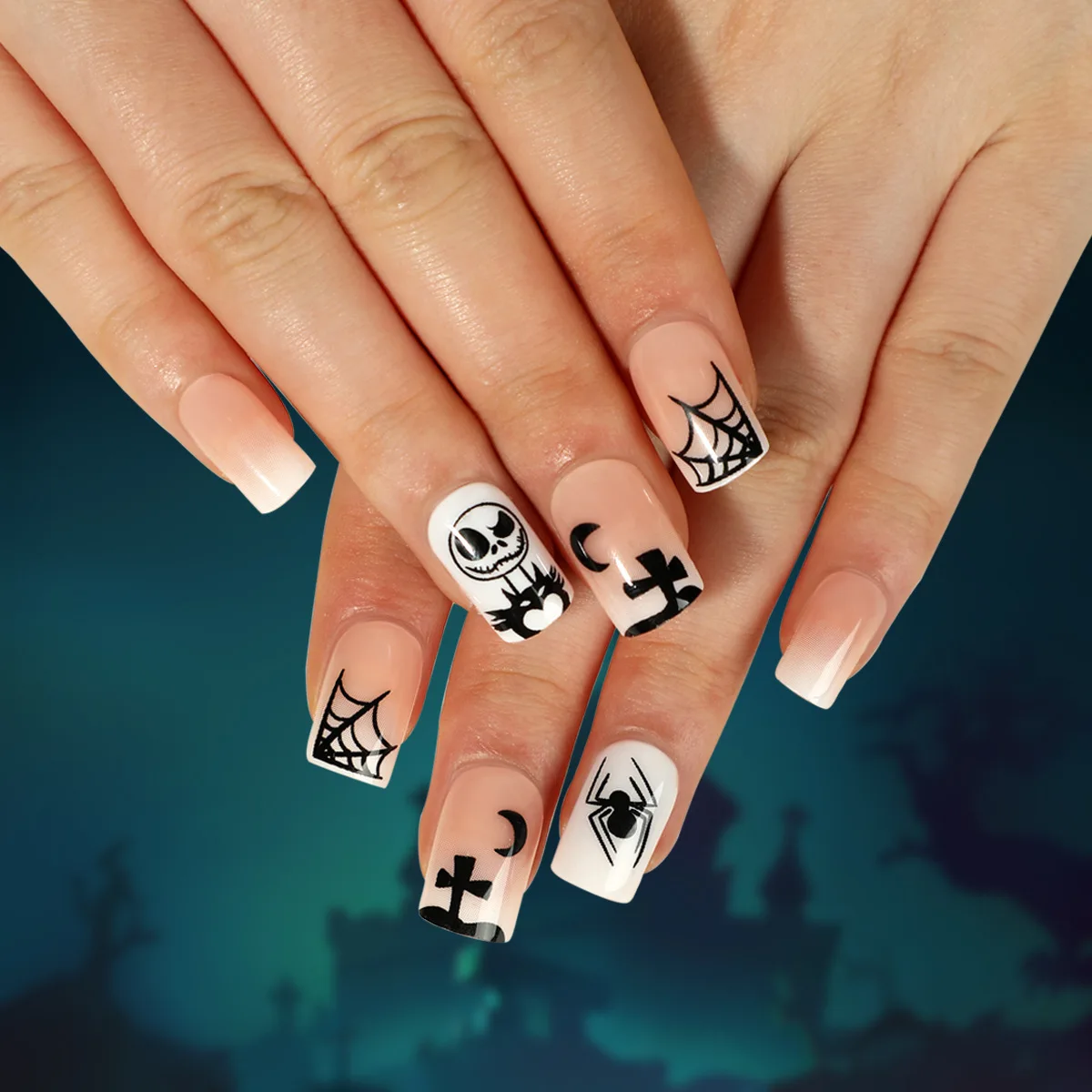 

24PCS Halloween Press-On Nails - Black Spider Web & Glowing Moon with 3D Skulls Medium European Square