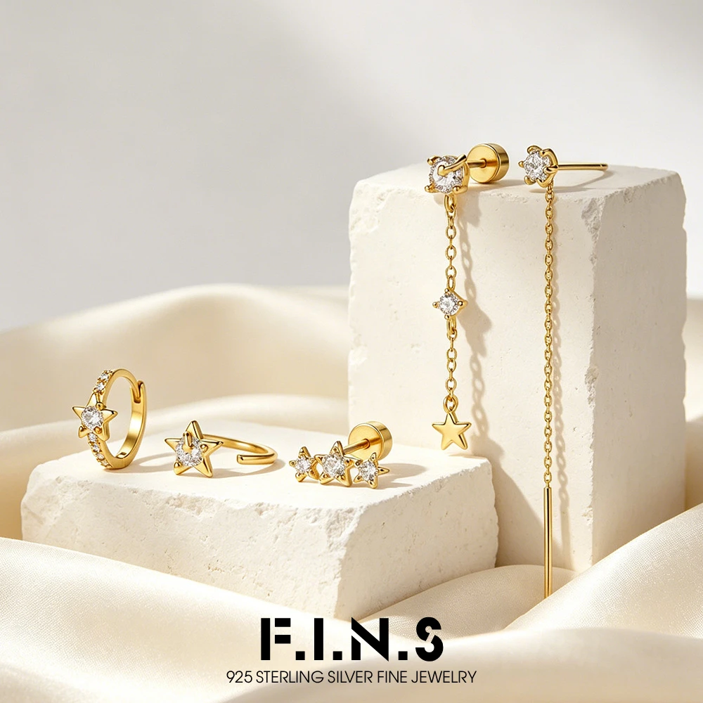 F.I.N.S S925 Sterling Silver Star Moon Zirconia Stud Earrings Set for Women Stacked Piercing Catilage Chain Ear Drops Jewelry