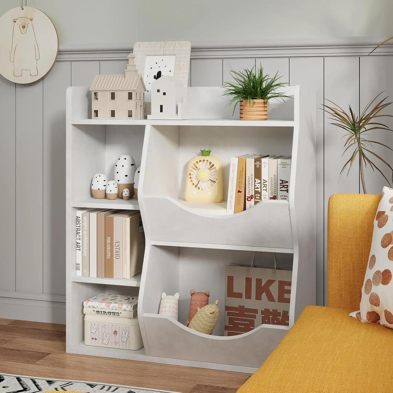 

4-Tier Kids Toy Storage Organizer with Bins,5-Cubby Kids Bookshelf for Storage Books and Toys,Multi Shelf for Playroom,Bedroom,N