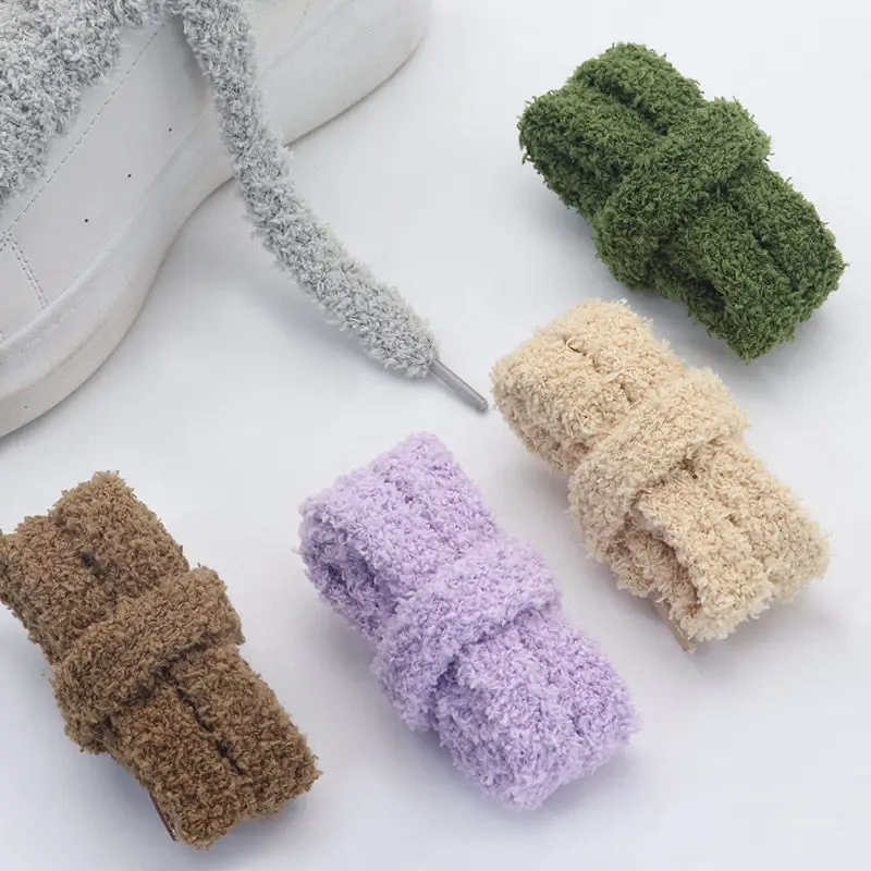 Cute Sofe Fluffy Fuzzy Sneakers Shoelaces Wide Flat Plush Towel Sneakers Shoelaces Brand Design for Women Casual Shoestring