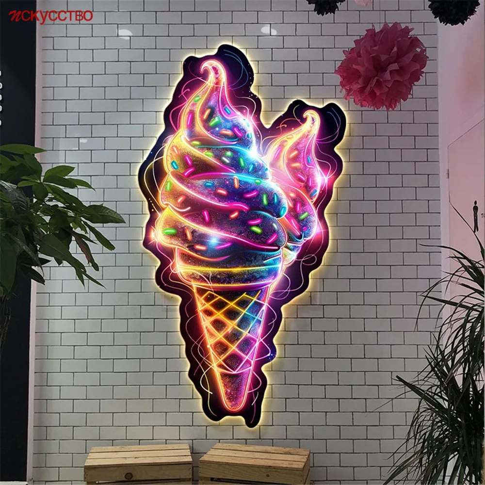 

Ice Cream Lantern Painting Led Wall Lamp Coffee Shop Dessert Station Billboard Home Decoration Luminous Mural Kids Night Lights