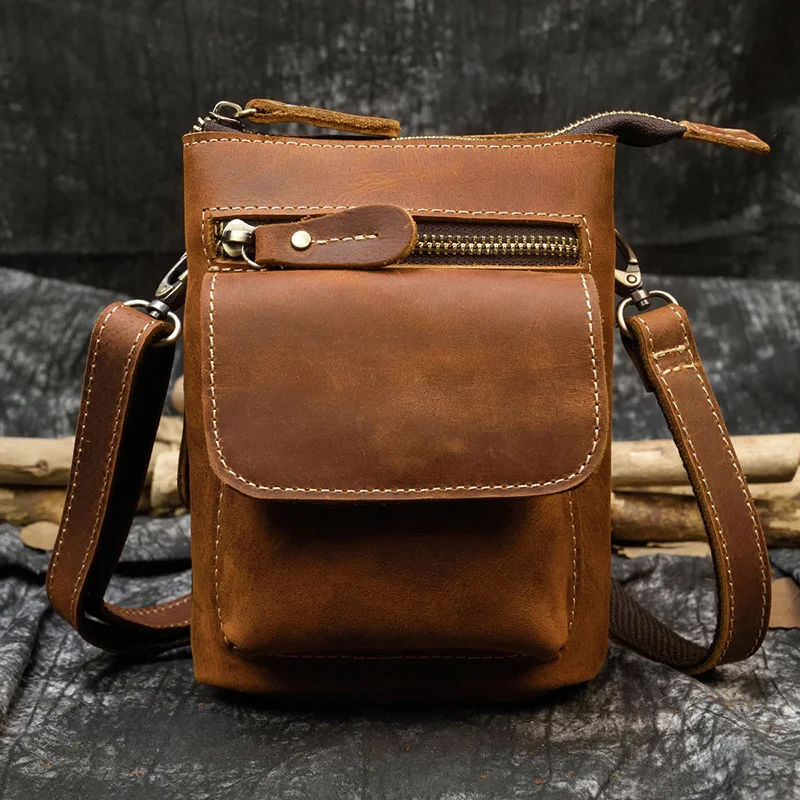 Bolsa de couro vintage para homens, sacos de cintura masculinos, bolsa para celular com alça de ombro