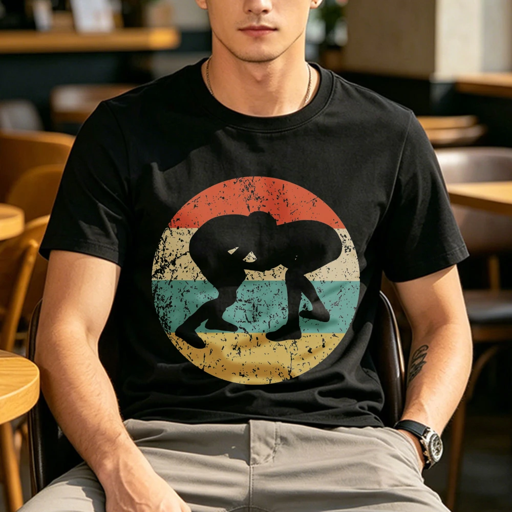 Retro Distressed Circle Wrestling Silhouette Print T Shirt Men Cotton Amateur Wrestler Training Sports Hobby Gift Crew Neck Tops