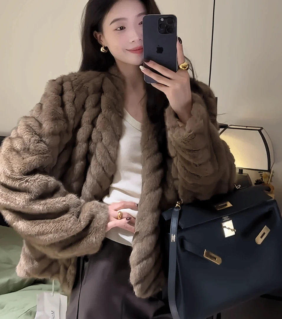 Elegant V Neck Herringbone Short Faux Mink Fur Jacket Women Long Sleeve Plush Jackets Woman Autumn Winter Fluffy Warm Outerwear