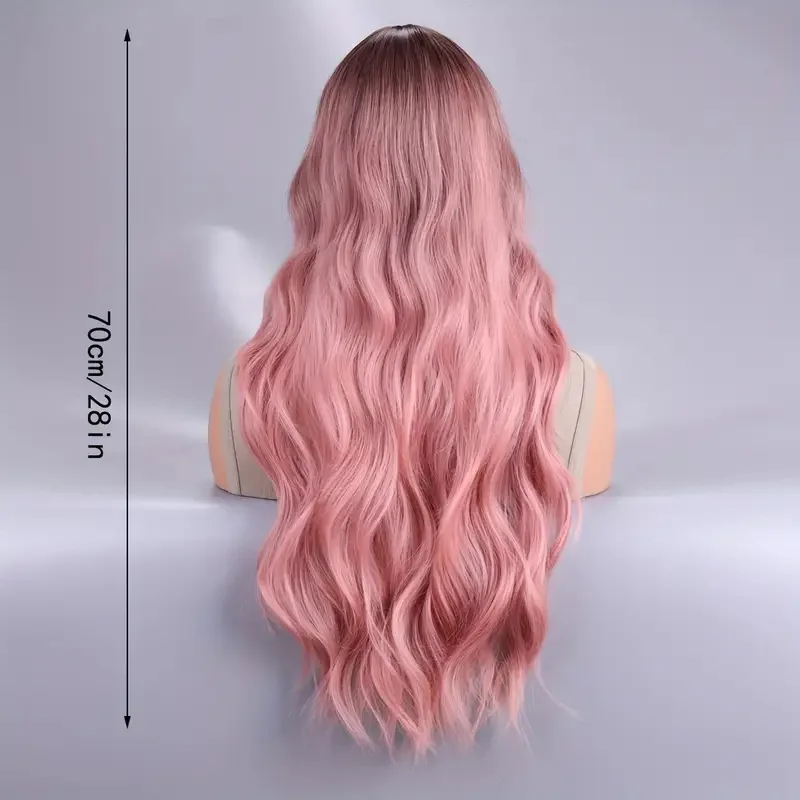 26-дюймовый градиентный розовый синтетический парик с волнистыми волосами средней части Лолита подходит для женских повседневных вечеринок и Хэллоуина.