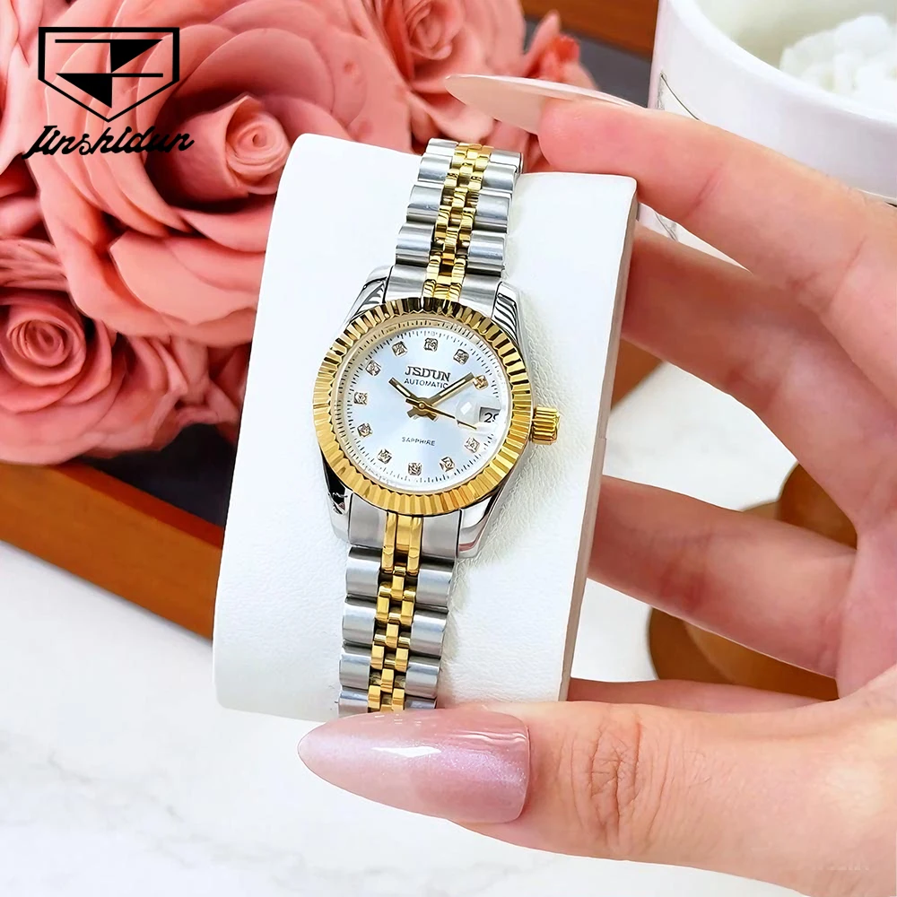 JSDUN Women's Watches Luxury Fashion Stainless Steel Original Automatic Mechanical Wristwatch for Lady Waterproof Luminous Date