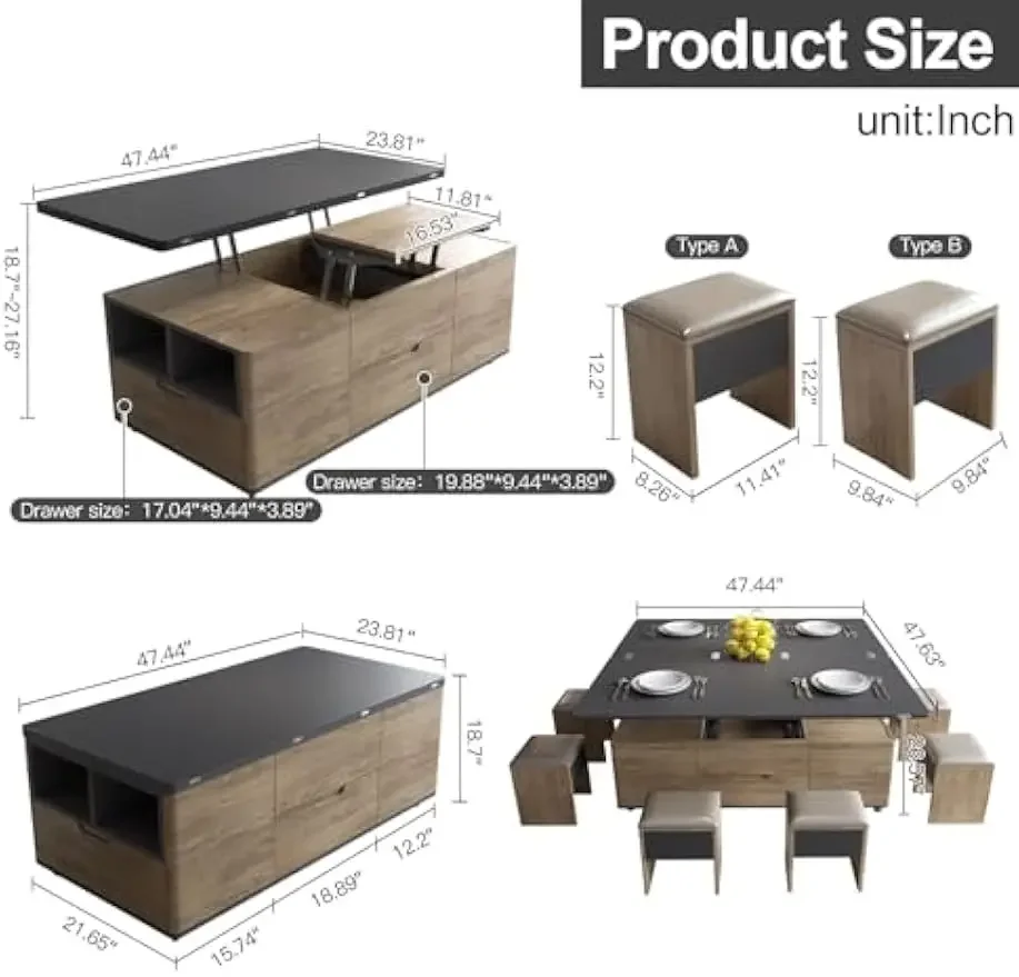 Mesa de centro elevable multifuncional con 4 taburetes, mesa central 3 en 1, mesa de comedor plegable que ahorra espacio para sala de estar,