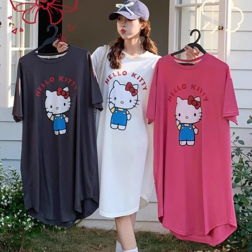 Sanrio Women's Nightgown Korean Version Summer Hello Kitty Home Outfit Short Sleeved Cartoon Sweet Princess Nightgown