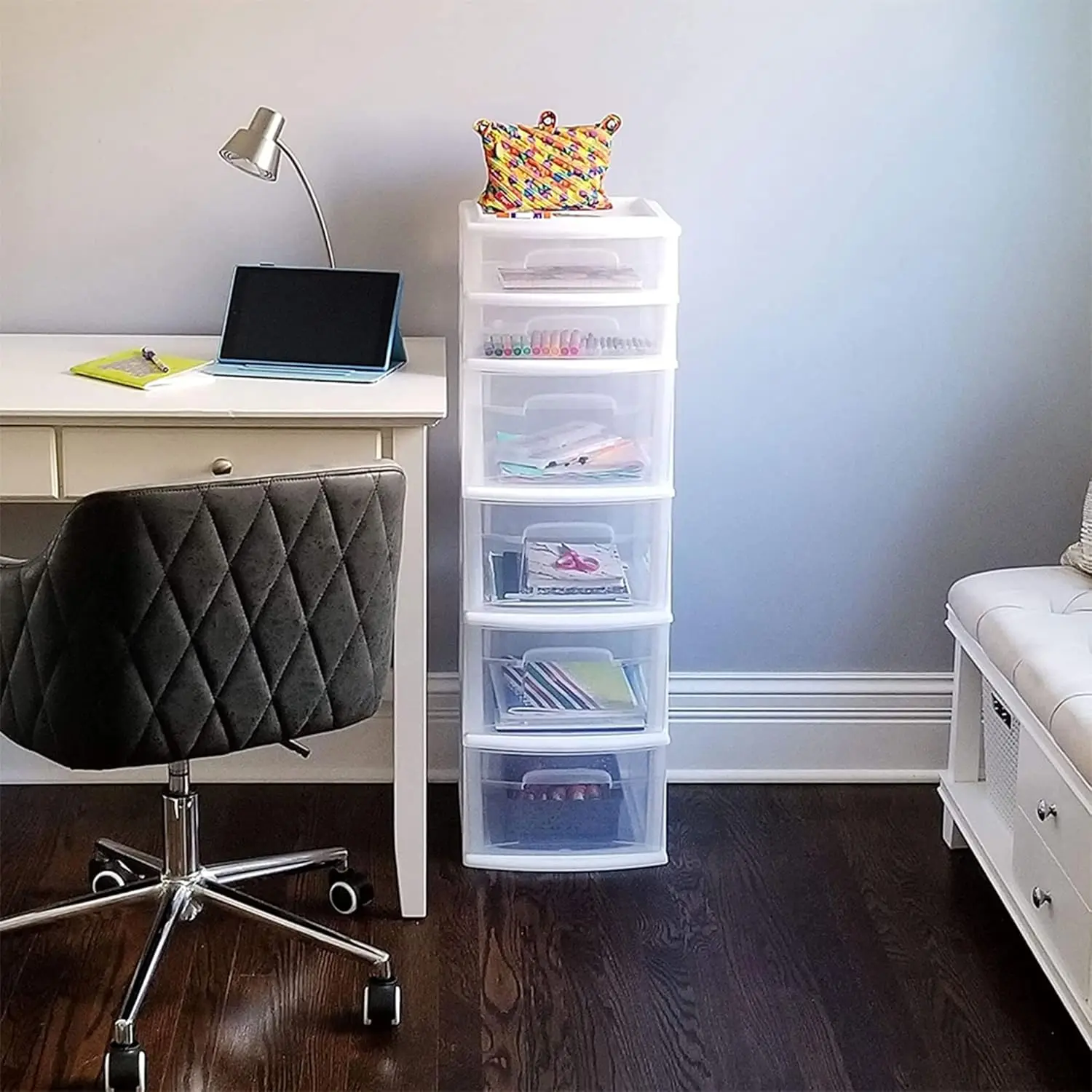 6 Drawer Plastic Organizer for Home and Office Supply Storage Cabinet, Plastic Drawers Stackable, Large Capacity - Clear/White