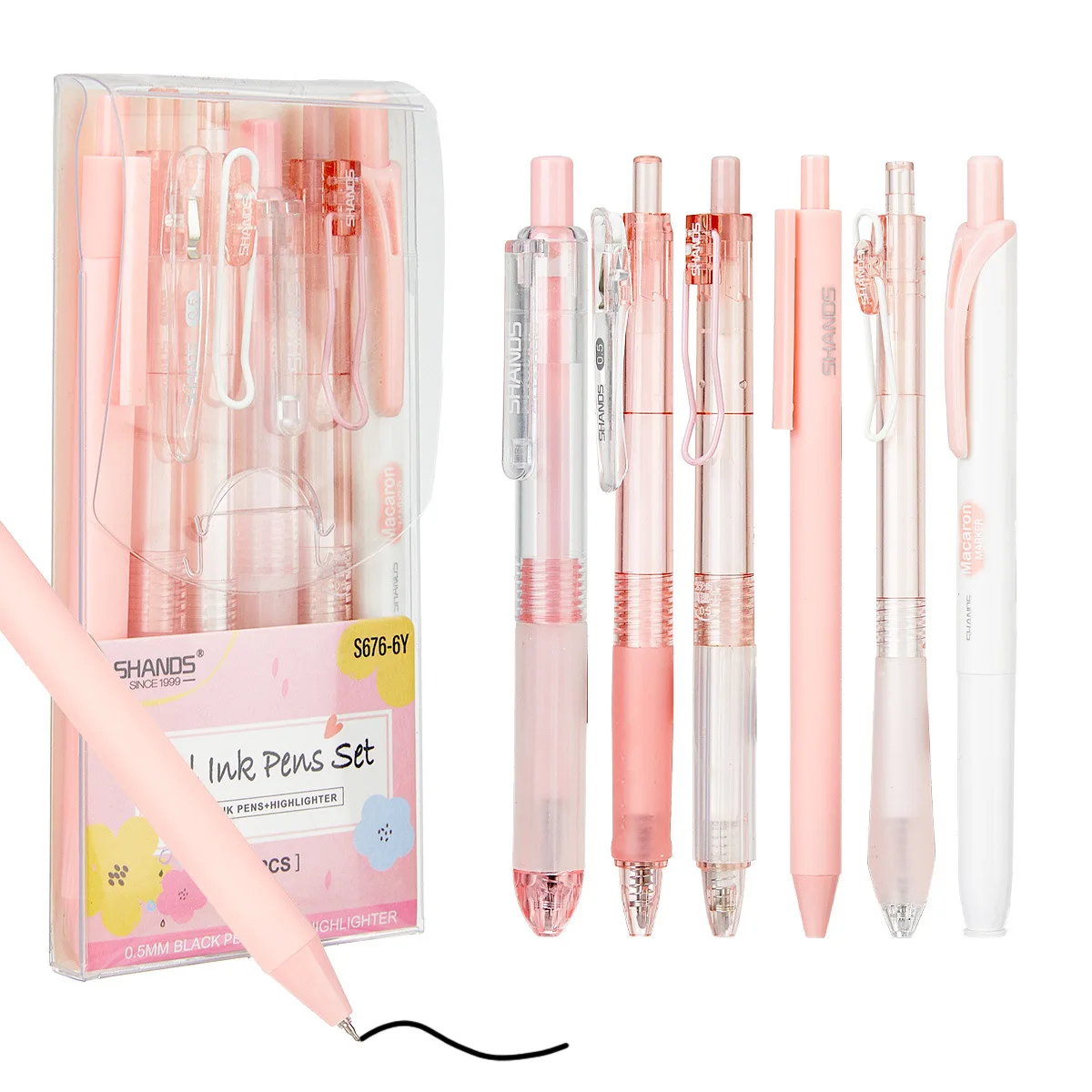 

6pcs Gel Ink Pen Highlighter Set Classic Retractables Clear Barrel Quick-Drying 0.5mm Tip Journaling Pens A3286