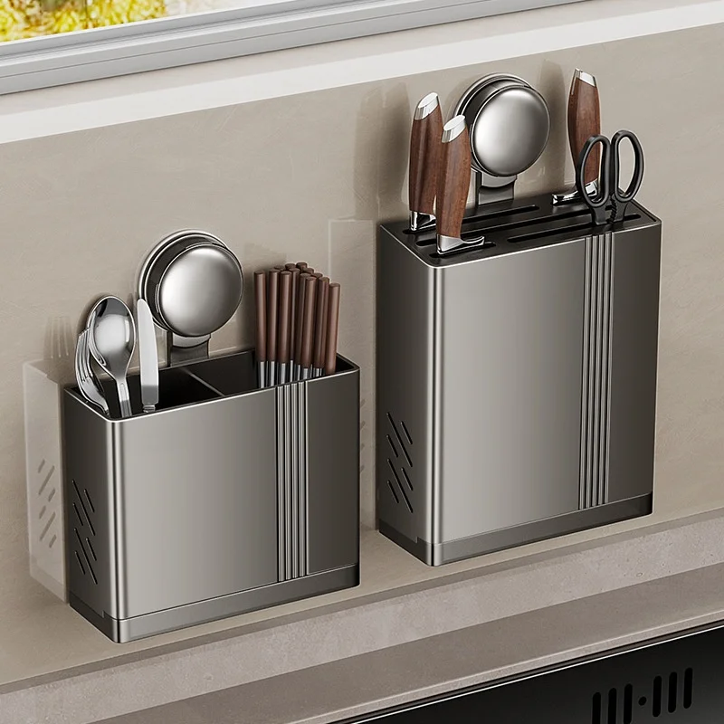 

Kitchen Corner Storage Rack No Drill Wall Mount with Vacuum Suction 5-Knife Holder Detachable Drain Tray Anti-Rust Metal