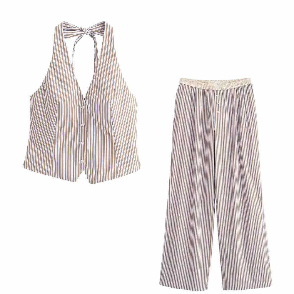 

Женская модная полосатая майка с подвесным воротником, летняя новинка, повседневные свободные брюки с высокой талией