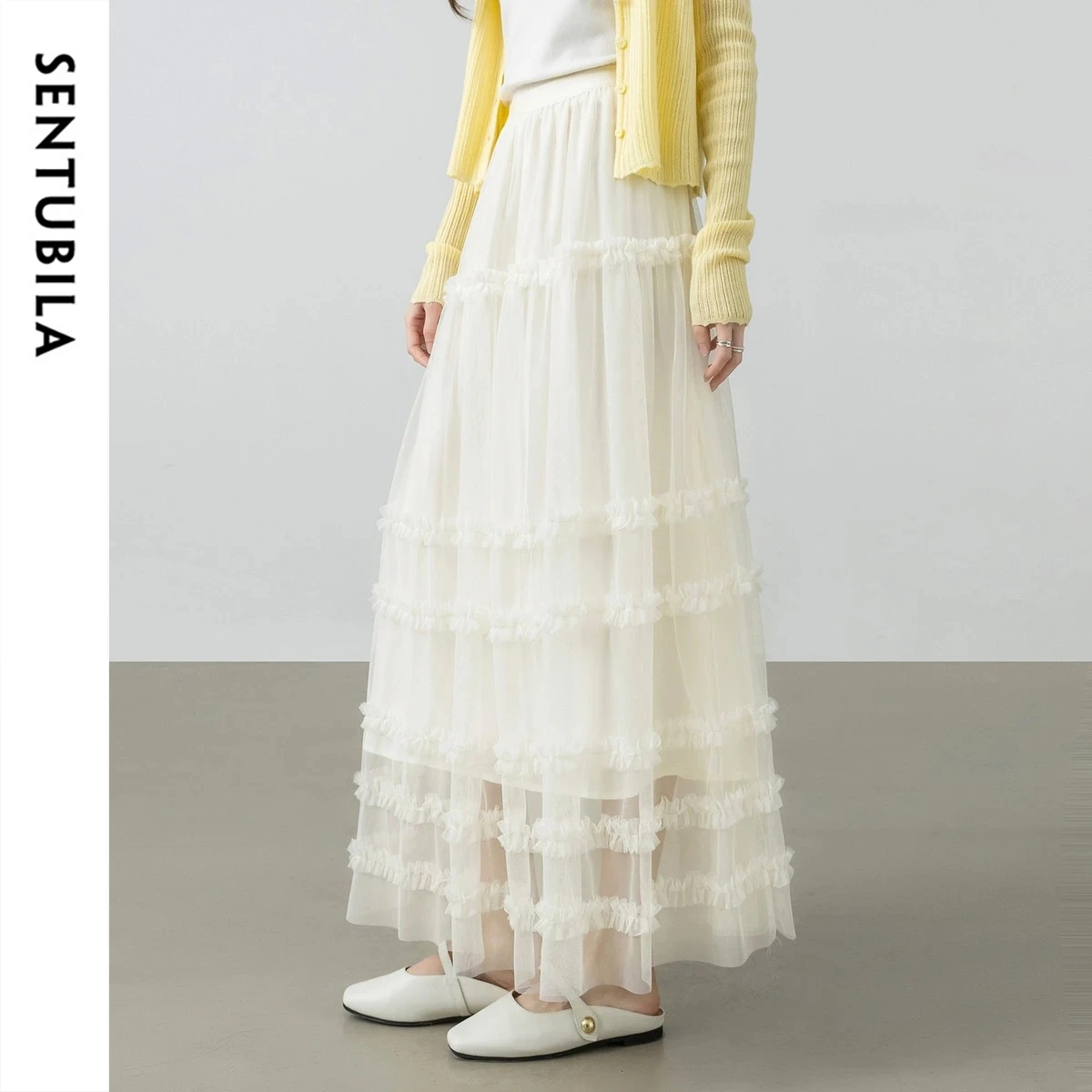SENTUBILA Maxi Mesh Skirts for Women 2026 Summer Holiday Vacation Tulle Ruffle Trim Flowy Long Skirt Female Clothing W62QL7162