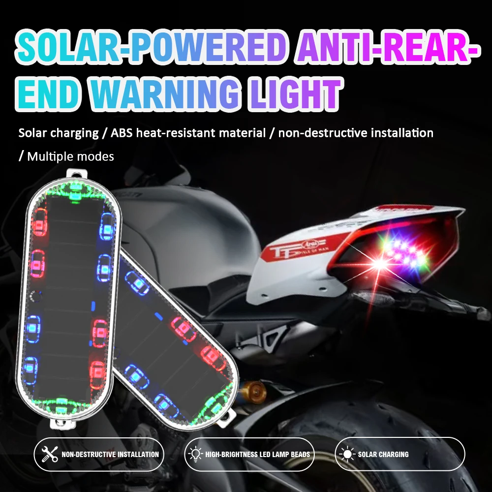 Car Solar Charging-free Explosion-proof Safety Light Motorcycle Brake Tail Light Modified Flash Light Red Blue Green Flashing