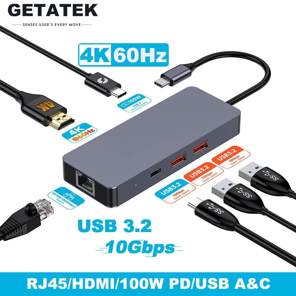 getatek usb tipo c para hub ethernet em 4k 60hz hdmi pd carregamento 100w usb 32 macbook lenovo iphone 15 pro max 01