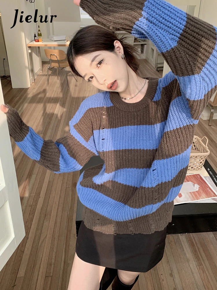 Jielur Vintage Brown Blue Stripe Sweater Women Holes Crewneck Loose Pullover Sweaters Korean Autumn New Knitted Top Female