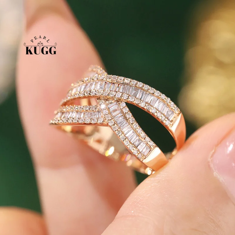 KUGG 100% 18K Rose Gold Rings Fashion Cross Design 0.75carat Real Natural Diamond Engagement Ring for Women High Wedding Jewelry