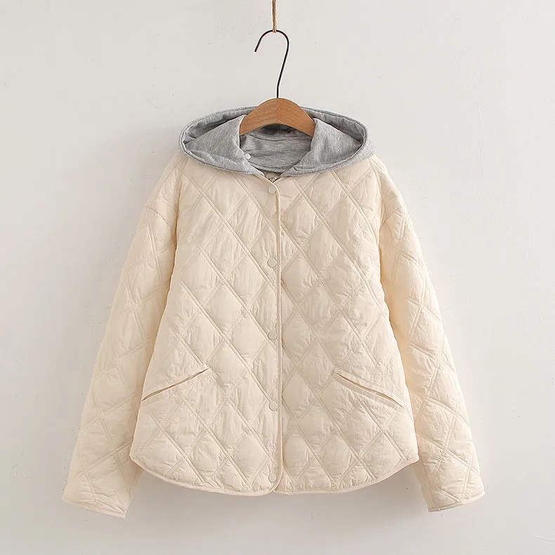 Nowa kurtka ocieplana na jesień 2025, damska, z kapturem, kieszeniami, patchworkowa, w stylu Mori Girl Preppy, ciepła, codzienna, luźna odzież wierzchnia, zimowa C5O028CC