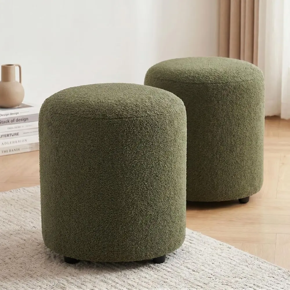 Round Fabric Vanity Stool, Small Ottoman, Cute Upholstered Footrest, Bedroom & Living Room Chair (2, Round-k Green)