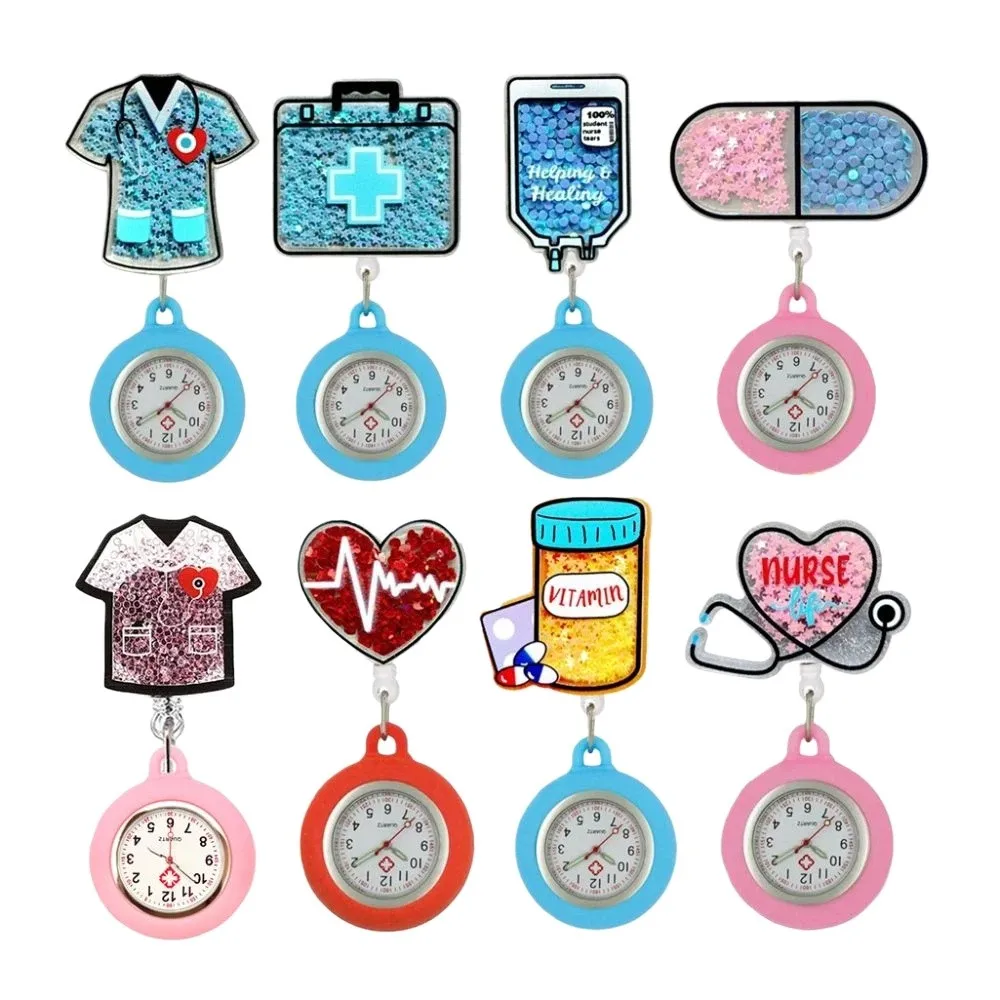 

Женские выдвижные часы-брошь из ПВХ, милые красочные карманные часы для медсестер, очаровательный дизайн, мультяшные часы для медсестер, подарки для медсестер