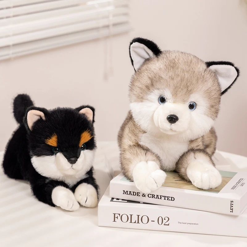 Simulation Cute Shiba Inu Dog Husky Soft Fluffty Puppy Lie Prone Plush Toys Kawaii Stuffed Pet Doll Baby Sleep Pillow Girls Gift