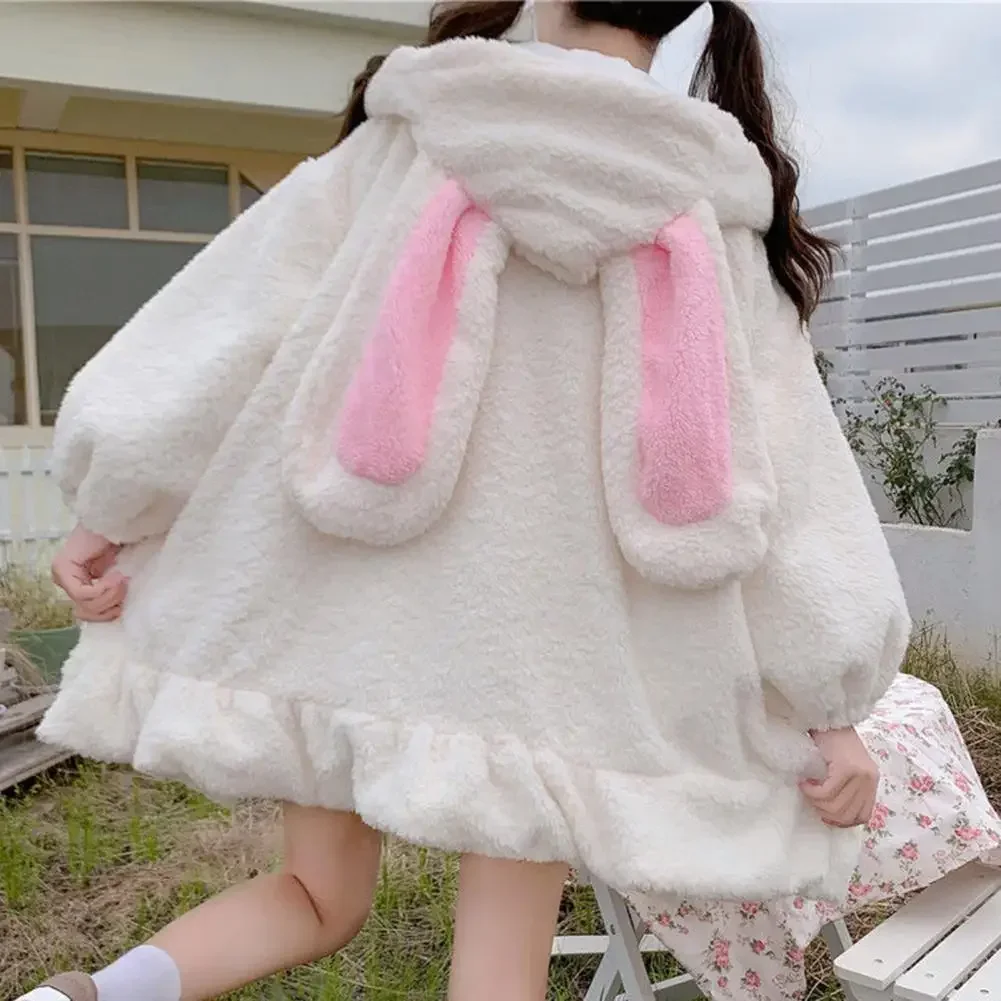 

Winter Hoodies Warm Flannel Kawaii Rabbit Ears Women Sweatshirt Girl Lolita Hooded Zip-up Casual Sweatshirts Harajuku Hoodies