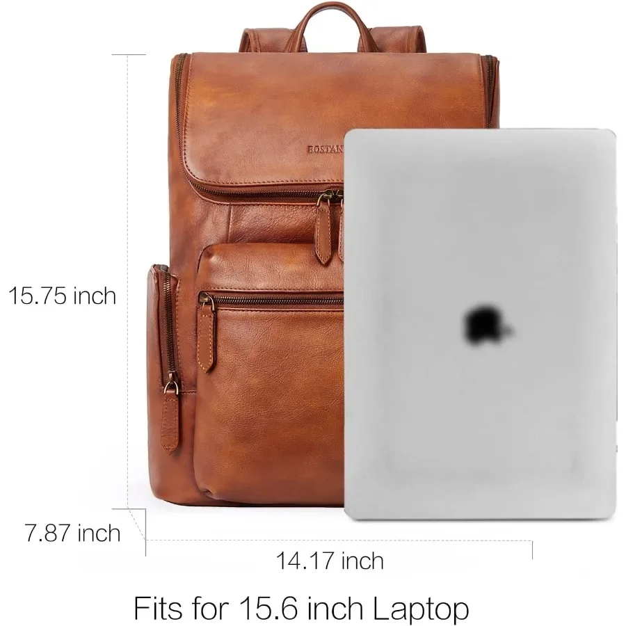 حقيبة ظهر جلدية من BOSTANTEN للرجال مقاس 15.6 بوصة حقيبة ظهر للكمبيوتر المحمول حقيبة مكتب للسفر ذات سعة كبيرة حقيبة كتف باللون الأحمر والبني #4