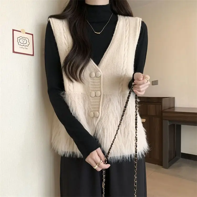 Gilet tricoté à Double boutonnage pour femme, élégant, col en v, Patchwork en fourrure, vêtements d'extérieur, 2025