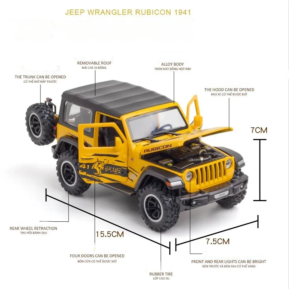 Jeeps Wrangler Rubicon-Coche de aleación 1941 para niños, vehículo fundido a presión de Metal con sonido y luz, coche extraíble, juguetes para niños, 1:32