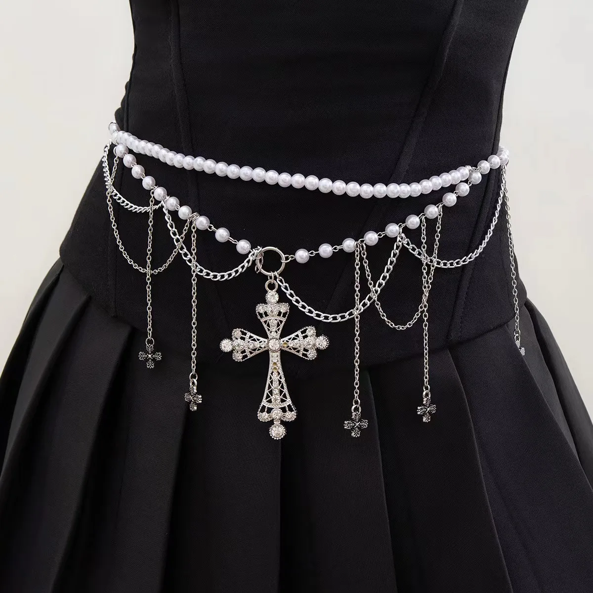 New Gothic Cross Pendant Vintage Style Multi Layer Pearl Waist Chain Women's Body Chain