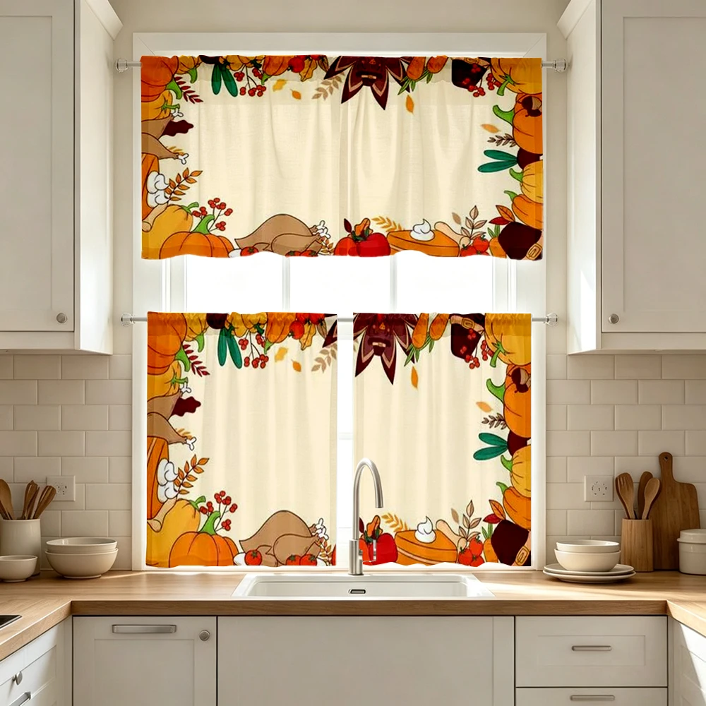 Thanksgiving Fall Kitchen Curtains, Turkey Pumpkin Frame, Digital Print, Kitchen Dining Room, Rod Pocket Polyester, Home Decor