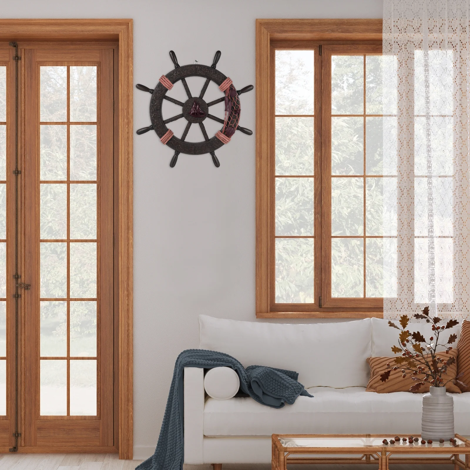 

Solid Wood Rudder Ornament with Mediterranean Vibe Decorative Ship Wheel Wall Art Hanging Pendant for Home Decor