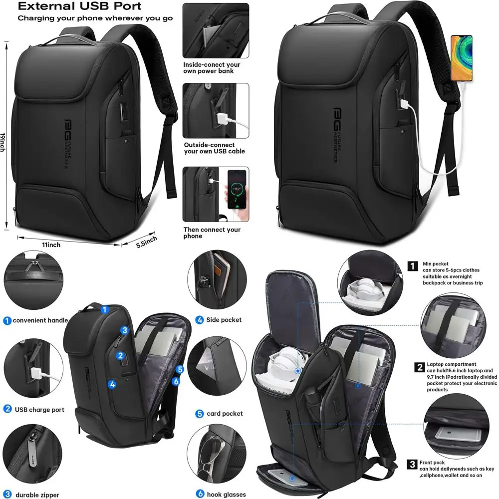 

15.6 Smart Commuter Laptop Backpack for Men & Women, Carry-On Bag - Black