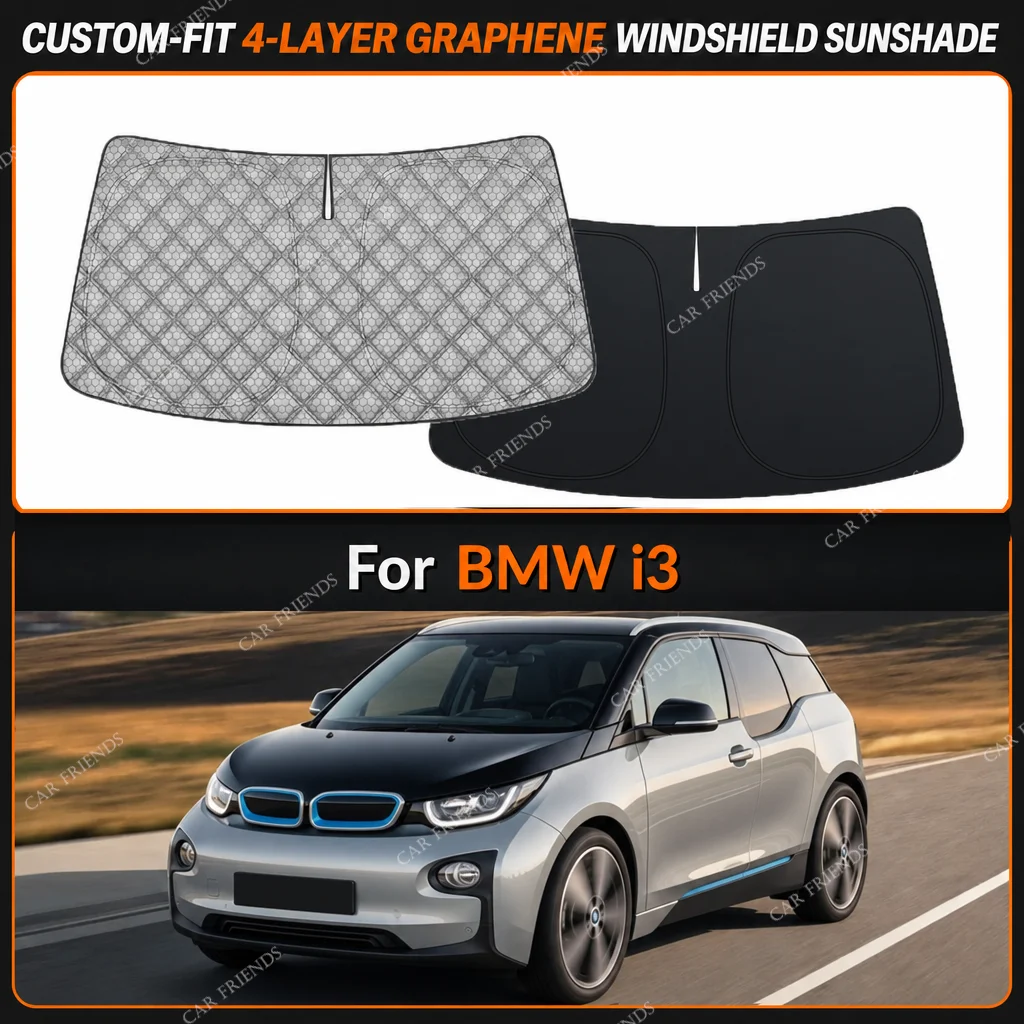 For BMW i3 Custom-Fit 4-Layer Graphene Windshield Sunshade Reflective Gray-Silver Surface Helps Reduce Direct Sunlight