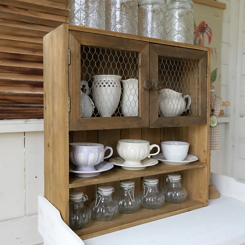 Pastoral Wind Wood Wall Hanging Grid Sideboard Cabinet Kitchen Cup Storage Rack Horticultural Groceries Hanging Storage Cabinet