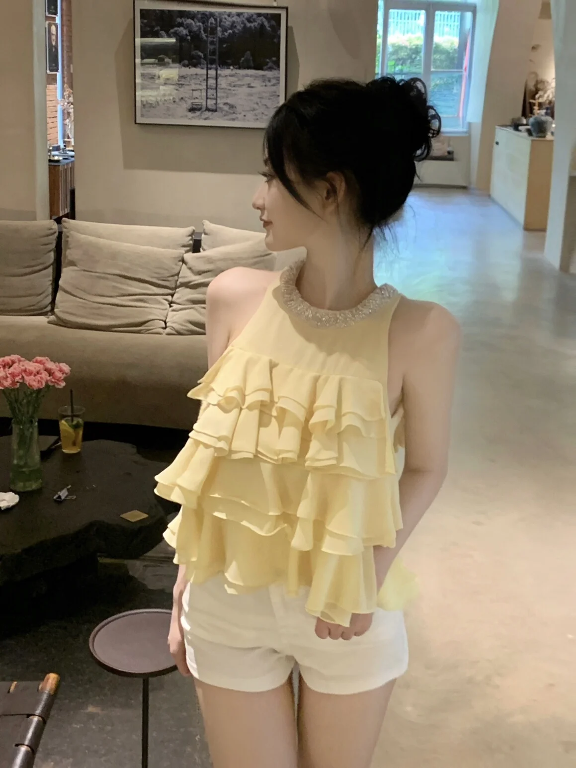 Pure Desire Gentle Sleeveless Shoulder Slash Sweet Lace Yellow Slim Hanging Neck Strap Vest Beloved Golden Lady Commute Style