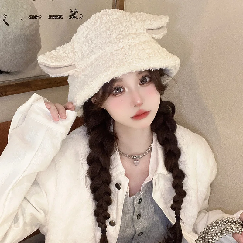 Ears Autumn Winter Female Cute Wild Warm Lamb Hair Bucket Hat