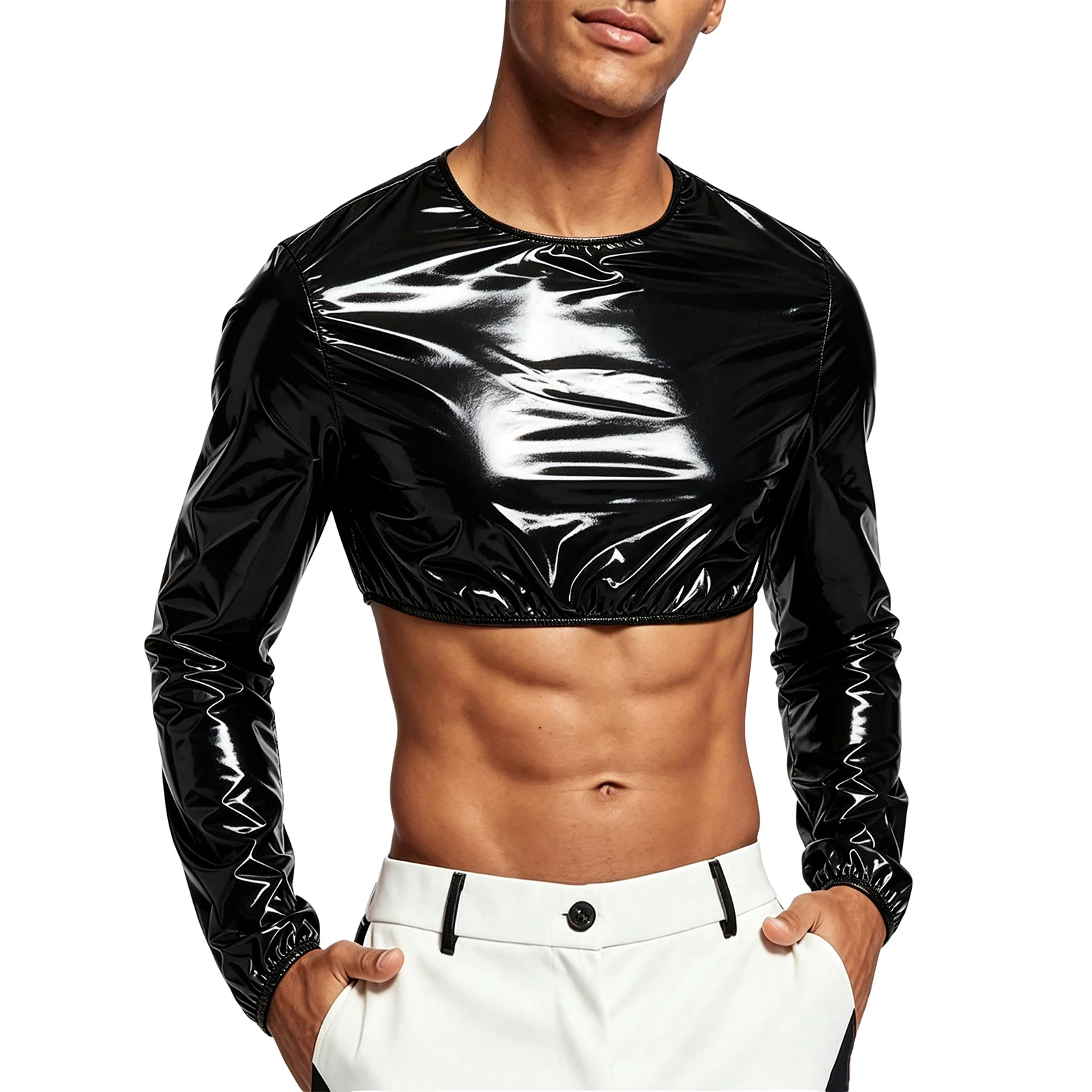 Mens Waterproof Glossy Crop Top Rave Clubwear Crew Neck Long Sleeve Back Zipper T-shirt Crop Sweat Tops Disco Party Streetwear