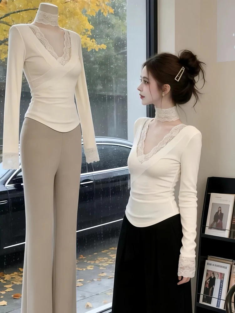 

Женская футболка Ele V-ne с кружевными вставками, базовая модель, весна 2026, новинка, модная, с длинным рукавом, для ношения под одеждой, Pure Desire