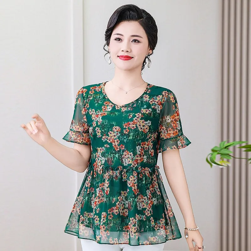 Summer Vintage Stylish Floral Printed Blouse Female Clothing Elegant Ruffles Spliced Short Sleeve Casual O-Neck Chiffon Shirt