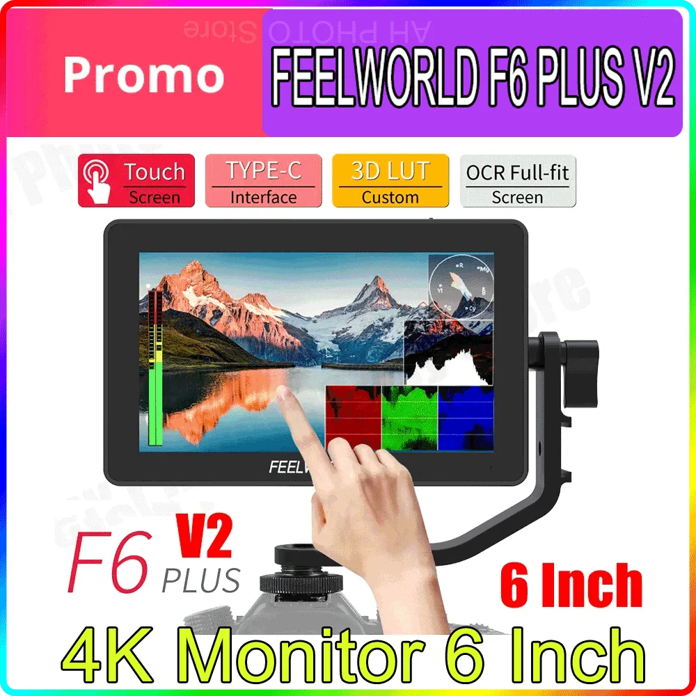 كاميرا Feelworld F6 PLUS V2 مقاس 6 بوصات DSLR مراقب ميداني ثلاثية الأبعاد LUT شاشة تعمل باللمس IPS FHD 1920x1080 تركيز الفيديو مساعدة دعم 4K