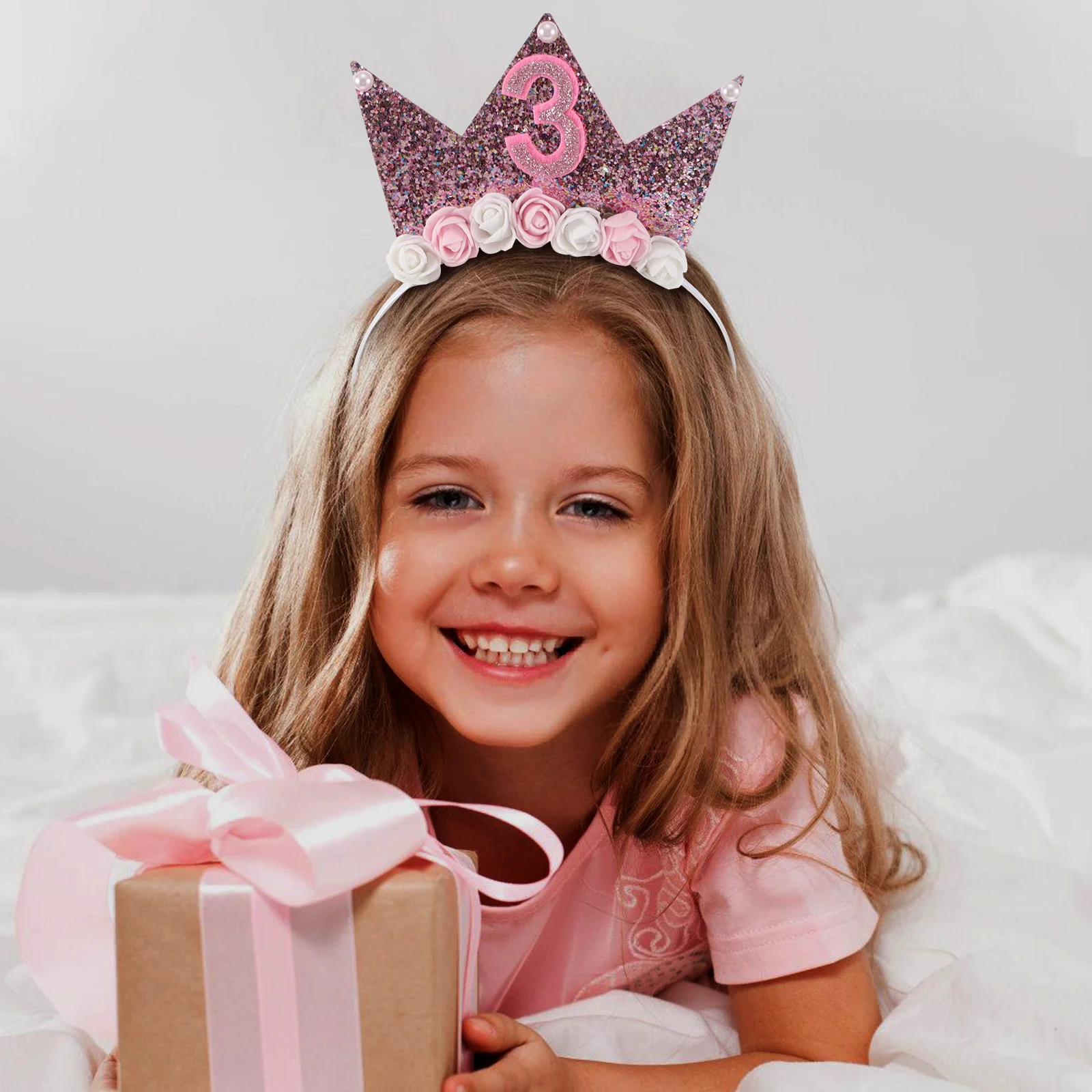 

1Set Girls Birthday Headband Set 3rd Birthday Pink Sash Tiara Crown Glitter Hair Accessories Party Supply Crown