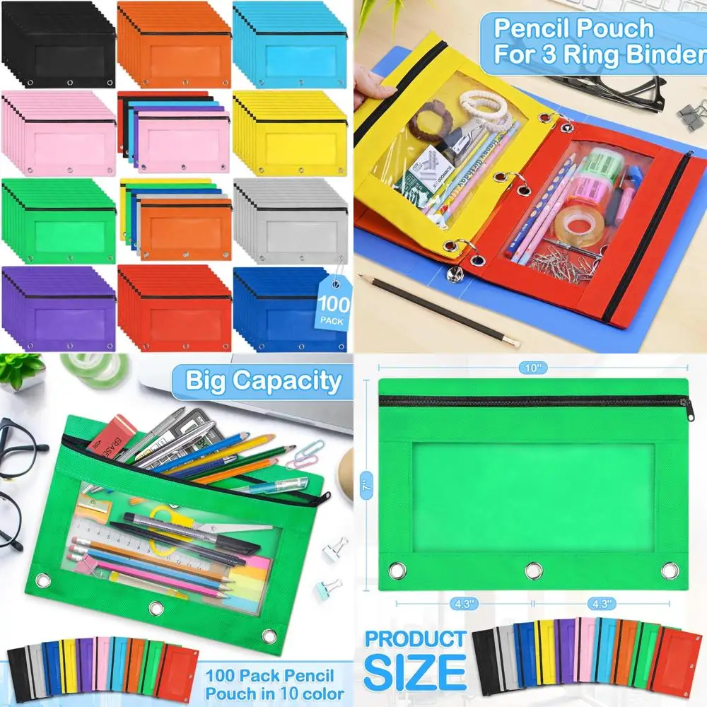 

Bulk 100 Pack Pencil Pouches for School, 3 Ring Binder Compatible, Smooth Zipper, Assorted Colors, Large Capacity Pencil Cases