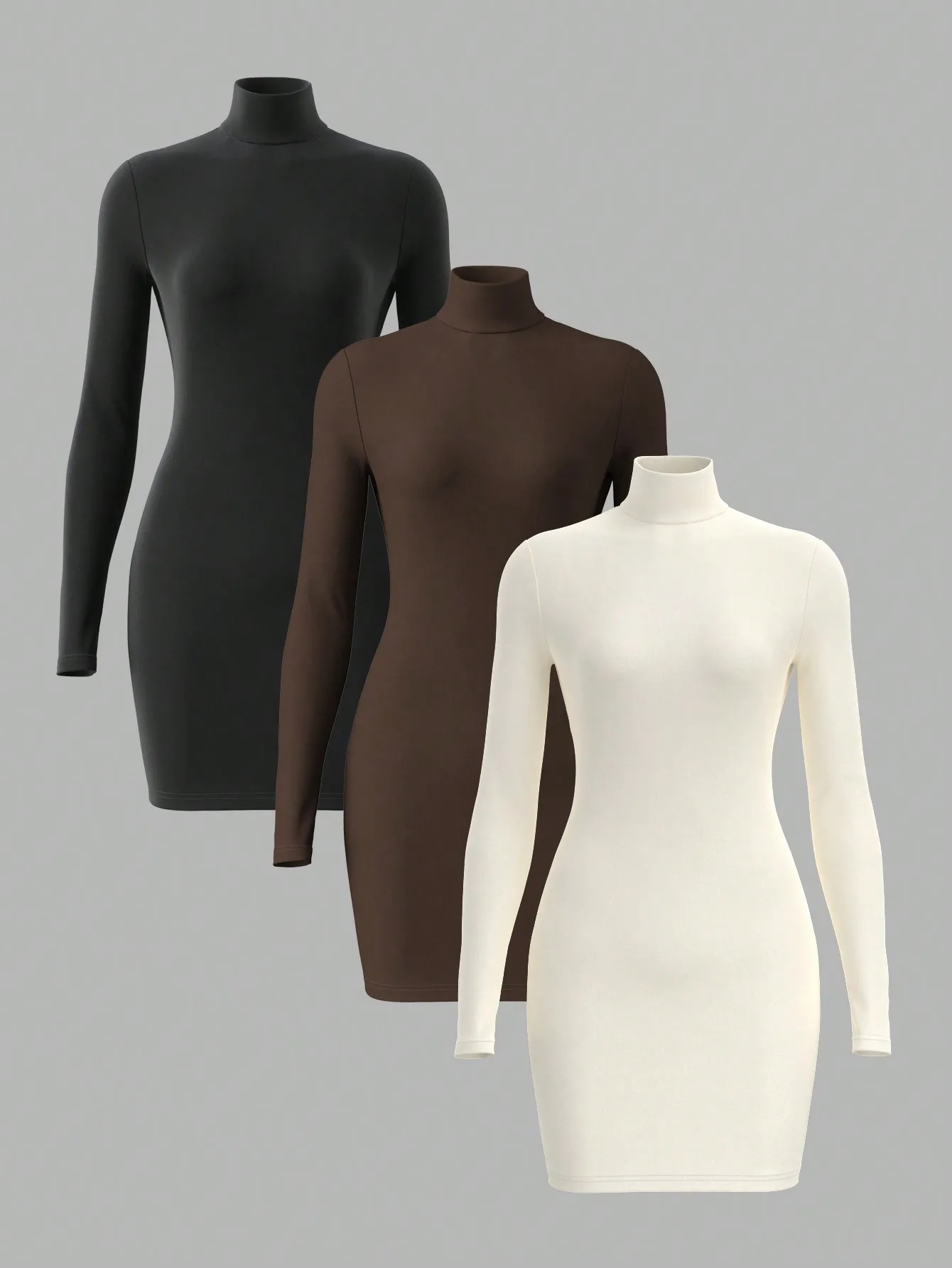 فستان نسائي ذو ياقة مدورة دافئة ونحيف ومتعدد الاستخدامات بلون سادة لمجموعة الخريف والشتاء مكون من ثلاث قطع #2