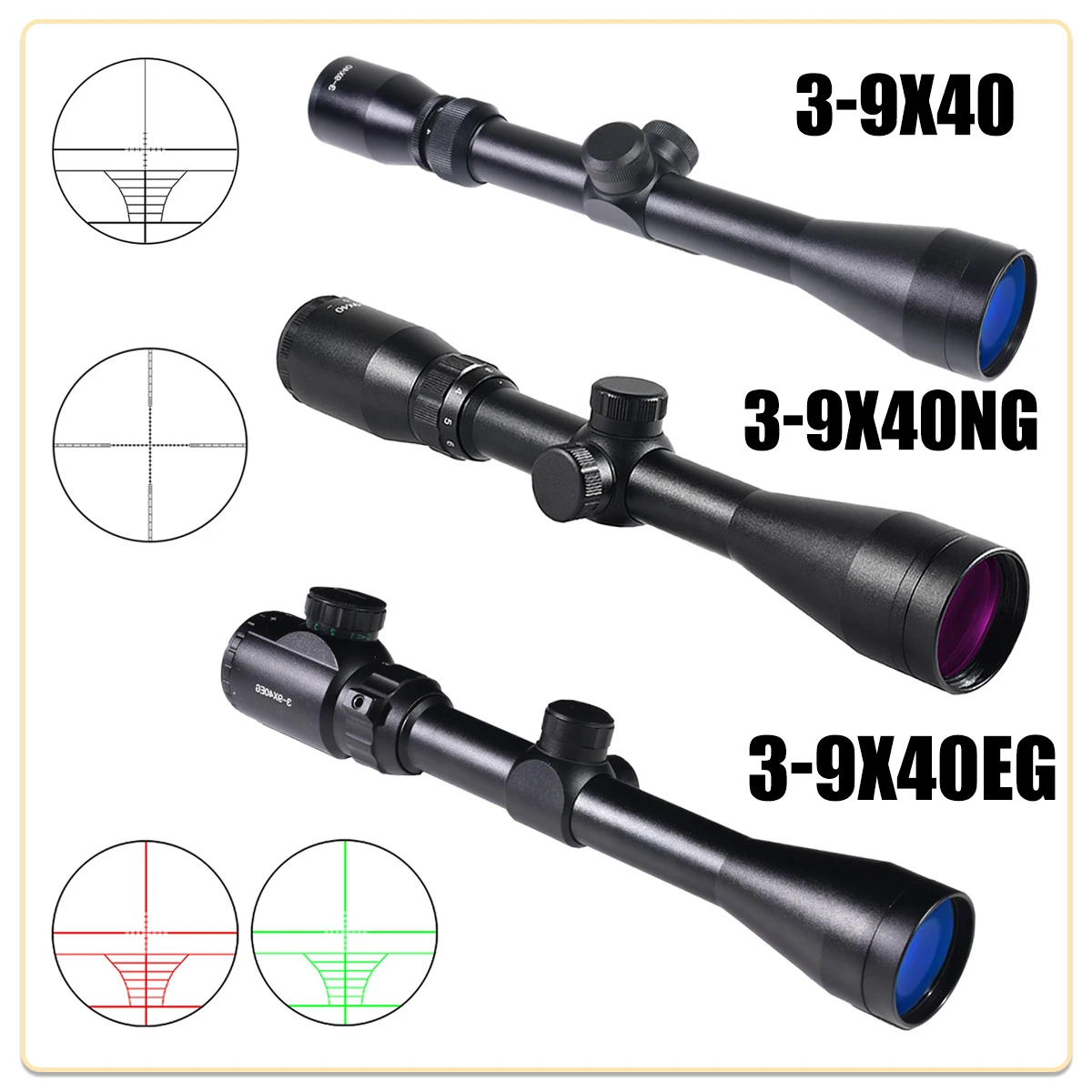 

3-9x40 Tactical Scopes Outdoors Shooting Training RifleScope Red Green Reticle Optics Sight for AirsoftAir Rifle Hunting