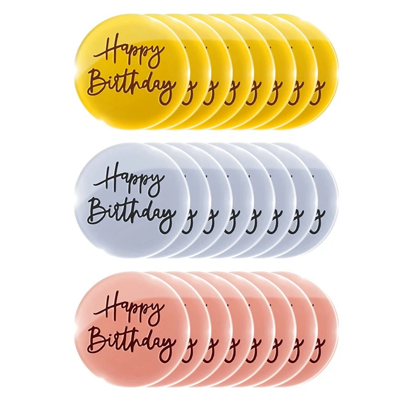 24Pcs Acrylic Cake Toppers Happy Birthday Mirror Cake Disc Mini Round Engraved Cupcake Topper For DIY Cupcake Decoration